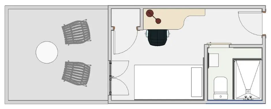 Plano de habitación estándar con terraza privada, baño completo y zona de estudio en residencia de estudiantes en Granada